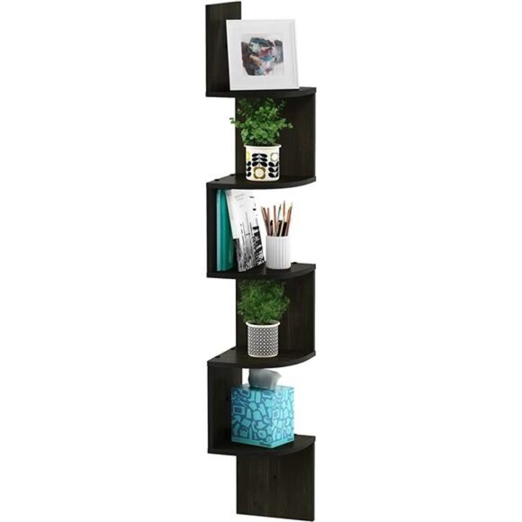 Wall Mount Floating Corner Shelf, 5-Tier Radial, Espresso - Picture 2 of 6